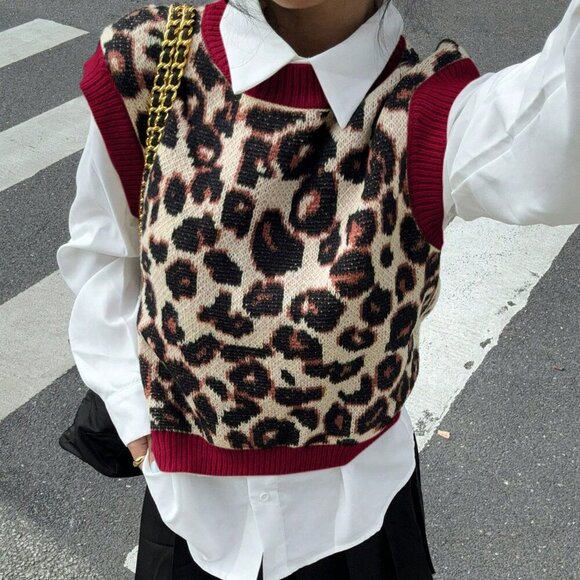 Multicolor Casual Women's Leopard Print Knit Sweater Vest - Picture 1 of 8